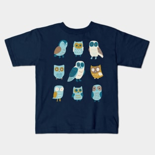 9 Owls - graphic owls in teal, aqua and mustard by Cecca Designs Kids T-Shirt